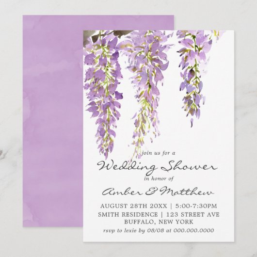 Paarse lavender Wisteria Wedding Shower nodigt hen (Voorkant / Achterkant)