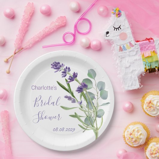 Paarse lavenderbloemen Eucalyptusolie Papieren Bordje (Feest)