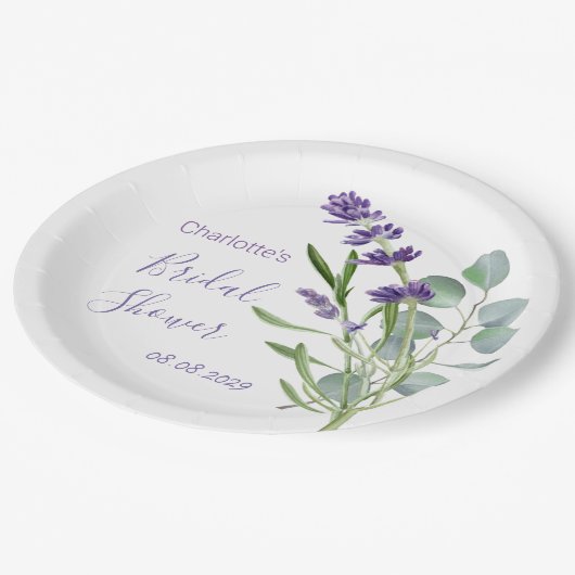 Paarse lavenderbloemen Eucalyptusolie Papieren Bordje (Gekanteld)