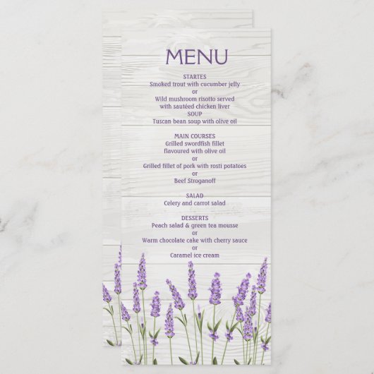Paarse lavenderbloemen op het houten bruiloft-menu menu (Voorkant / Achterkant)