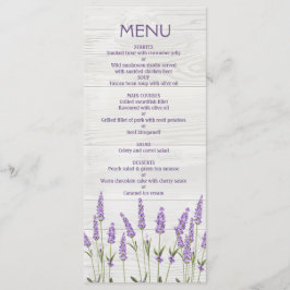 Paarse lavenderbloemen op het houten bruiloft-menu menu