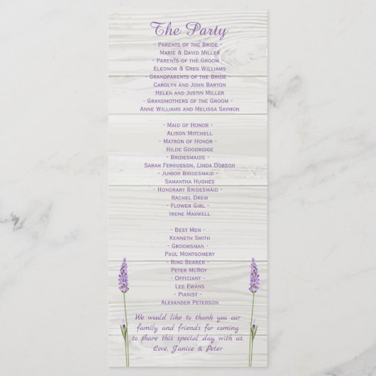 Paarse lavenderbloemen op het houtwacht programmakaart (Achterkant)