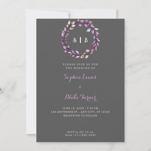 Paarse lederen Monogrammed Wreath Dark Gray Weddin Kaart (Voorkant)