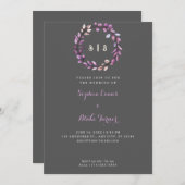 Paarse lederen Monogrammed Wreath Dark Gray Weddin Kaart (Voorkant / Achterkant)