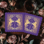 Paarse Leeuw Middeleeuws Zwaard bruiloft Kartonnen Onderzetters<br><div class="desc">Voeg koninklijke charme toe aan je tafelkleed! Deze aangepaste bruiloft onderzetters zijn voorzien van een majestueuze leeuw en bloemen ontwerp met uw namen en monogram, allemaal in luxe goud tegen een Paarse achtergrond. Perfect voor een middeleeuwse fantasieviering met tijdloze elegantie! Het goud op dit item is geen echte folie en...</div>