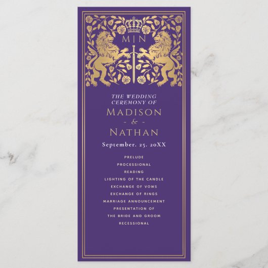 Paarse Leeuw Middeleeuws Zwaard Wedding Programma Programmakaart (Voorkant)