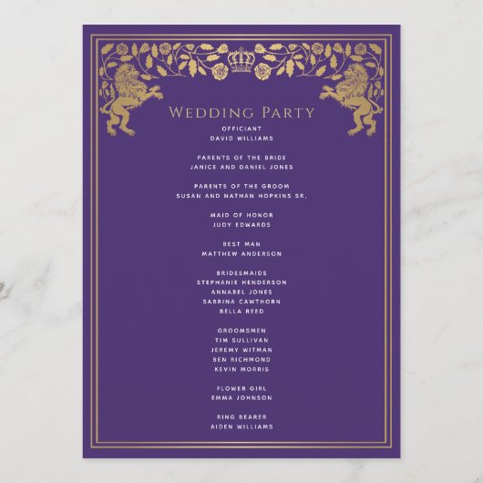 Paarse Leeuw Middeleeuws Zwaard Wedding Programma Programmakaart (Achterkant)