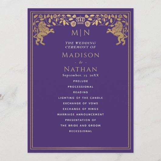 Paarse Leeuw Middeleeuws Zwaard Wedding Programma Programmakaart (Voorkant)