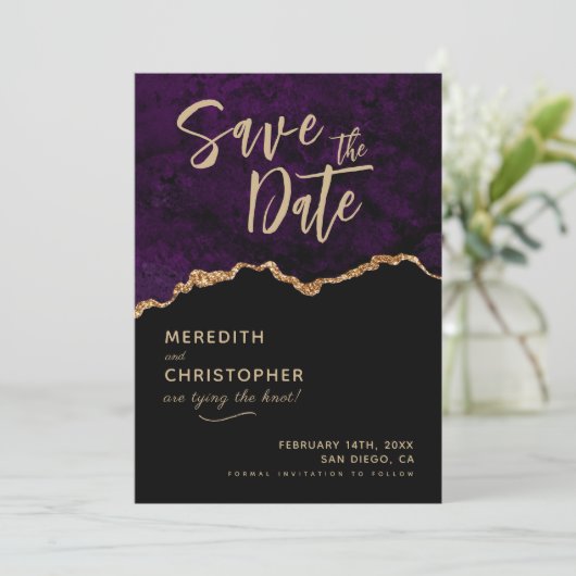 Paarse legance agate Save the Date (Staand voorkant)