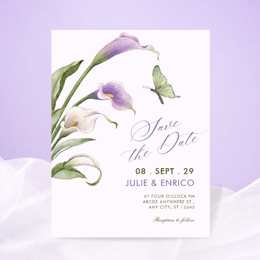 Paarse lelie bloem bruiloft save the date