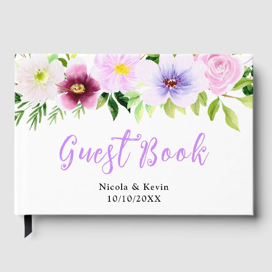 Paarse lente bloemen met bladgroen gastenboek (Voorkant)
