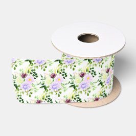 Paarse lente bloemen met bladgroen satijnen lint