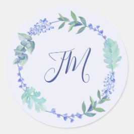 Paarse lente bloemenkrans monogram bruiloft ronde sticker