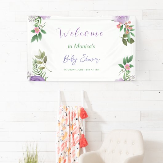 Paarse lente bloemenmeisje Baby shower Spandoek (Insitu)