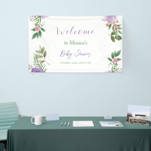Paarse lente bloemenmeisje Baby shower Spandoek (Beurs)