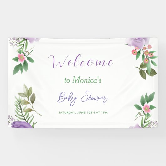 Paarse lente bloemenmeisje Baby shower Spandoek (Horizontaal)