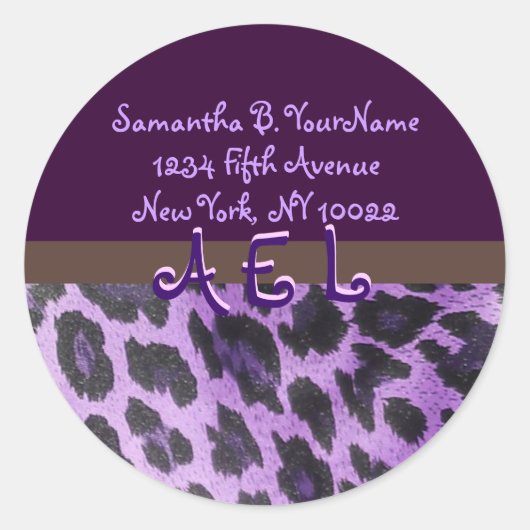 Paarse Leopard Fur Monogram Adresetiketten Ronde Sticker (Voorkant)