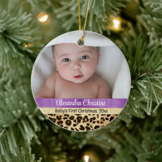 Paarse leopard Girl Babys eerste kerstfoto Keramisch Ornament (Boom)
