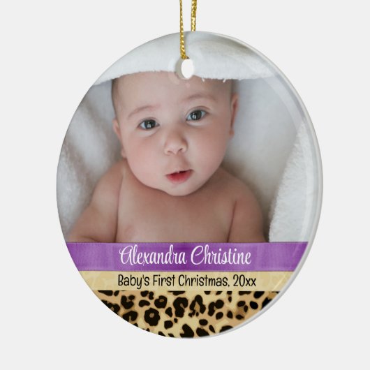 Paarse leopard Girl Babys eerste kerstfoto Keramisch Ornament (Links)