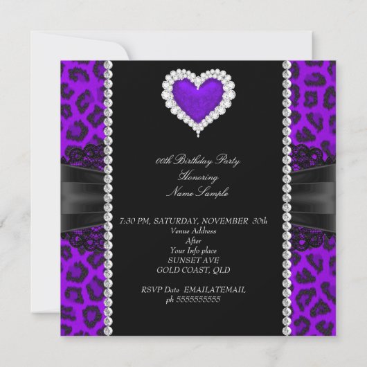 Paarse Leopard Lace Heart Foto Birthday Party 2 Kaart (Achterkant)