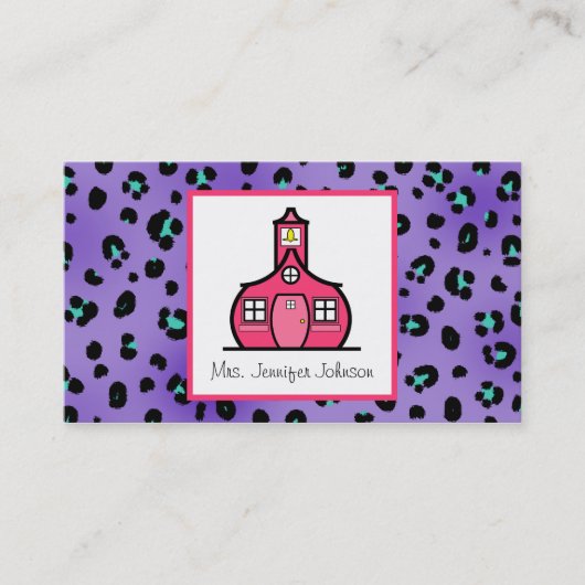 Paarse leopard print roze schoolhuisleraar visitekaartje (Voorkant)