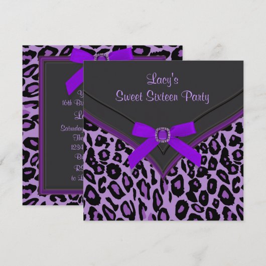 Paarse Leopard Sweet 16 Party Kaart (Voorkant / Achterkant)