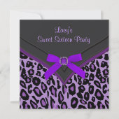 Paarse Leopard Sweet 16 Party Kaart (Voorkant)