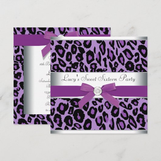 Paarse Leopard Sweet 16 Party Kaart (Voorkant / Achterkant)