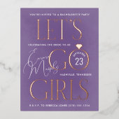 Paarse Lets Go Meisjes Bachelorette Party Folie Uitnodiging Briefkaart (Voorkant)