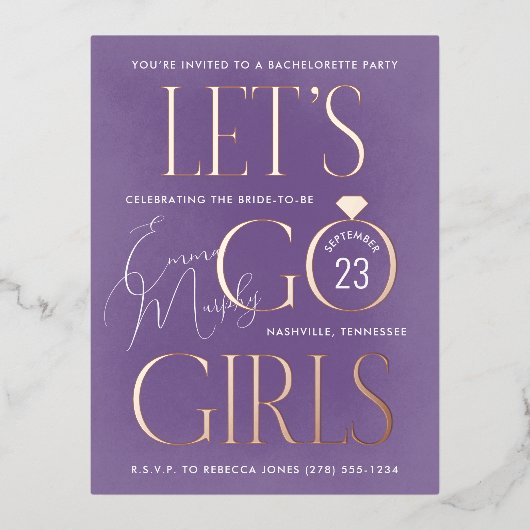 Paarse Lets Go Meisjes Bachelorette Party Folie Uitnodiging Briefkaart (Voorkant)