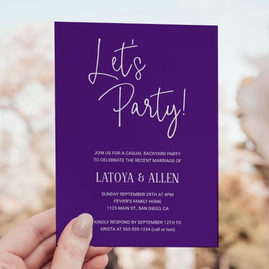 Paarse Let's Party Casual bruiloft receptie Eloped Kaart