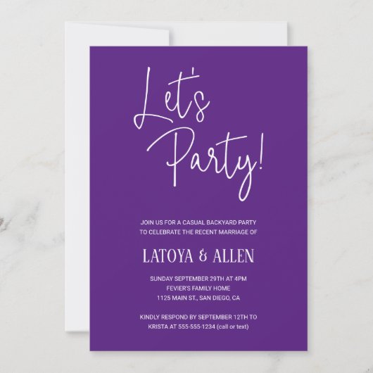 Paarse Let's Party Casual bruiloft receptie Eloped Kaart (Voorkant)