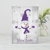 Paarse Leuke Sneeuwman Kerstfeest Uitnodiging (Staand voorkant)