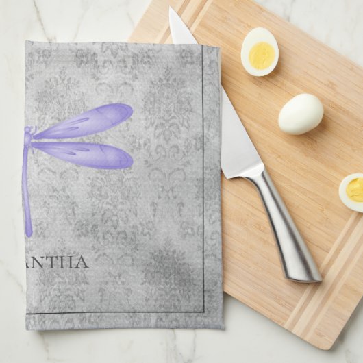 Paarse libel Damask Theedoek (Quarter Fold)