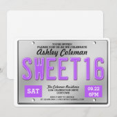 Paarse licentie Bord Sweet 16 party-uitnodigingen Kaart (Voorkant / Achterkant)