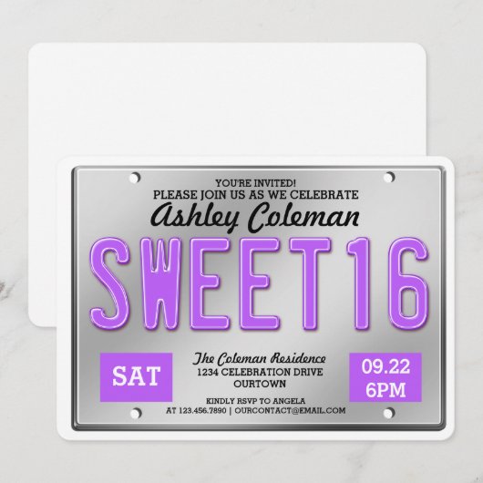 Paarse licentie Bord Sweet 16 party-uitnodigingen Kaart (Voorkant / Achterkant)