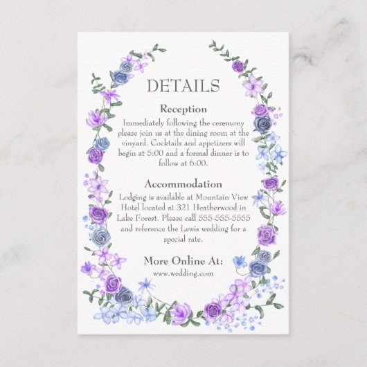 Paarse Lichtblauw Roos Tuin Wijnstok Wedding Detai Informatiekaartje (Voorkant)