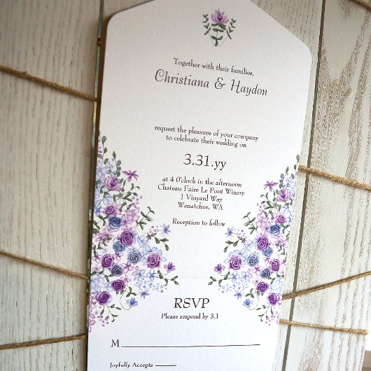 Paarse, lichtblauwe Roos Tuin Boeket bruiloft All In One Uitnodiging