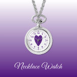 Paarse liefde hart Ketting Watch<br><div class="desc">Ketting Horloge cadeau. Met een paarse liefdeshart en kloknummers op een witte achtergrond.</div>