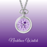 Paarse liefde Ketting horloge<br><div class="desc">Ketting Horloge cadeau. Met het woord 'love' en een hartvorm ter vervanging van de letter O. Donker en licht paars.</div>