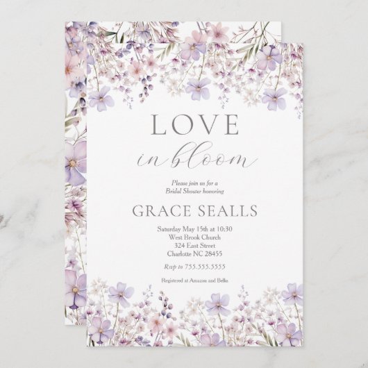 paarse liefde staat in bloei Bridal Shower Invitat Kaart (Voorkant / Achterkant)