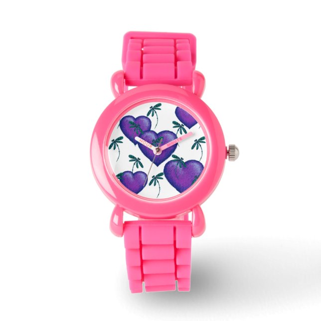 Paarse liefdesharten en libellen horloge (Voorkant)