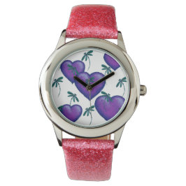 Paarse liefdesharten en libellen horloge