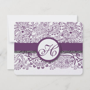 Paarse Liefdesvogels Damast Monogram Huwelijken RS RSVP Kaartje
