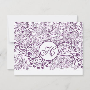 Paarse Liefdesvogels Damast Monogram Huwelijken RS RSVP Kaartje
