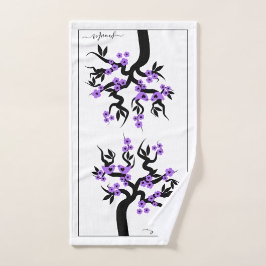 Paarse liefdesvogels torenboombloesems en grensgeb bad handdoek (Handdoek)