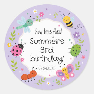 Paarse Lieve Bugjes Meisjes Verjaardag Ronde Sticker