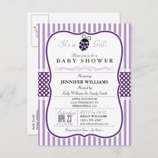 Paarse lieveheersbeestje; Meisje Baby shower uitno Uitnodiging Briefkaart (Voorkant / Achterkant)