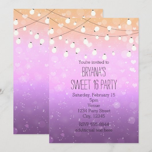 Paarse Lights Sparkle Sweet 16 Uitnodigingen voor  (Voorkant / Achterkant)