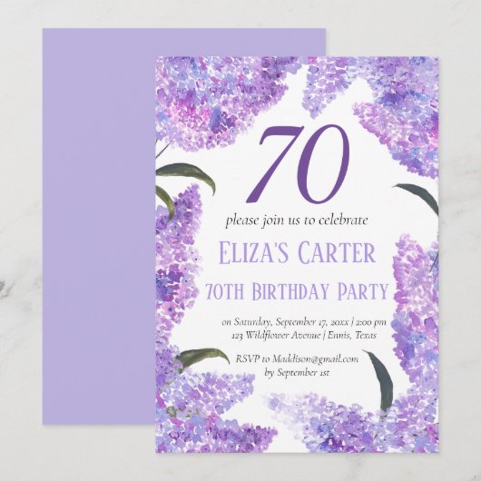 Paarse Lila 70e bloemige elegante verjaardag Kaart (Voorkant / Achterkant)